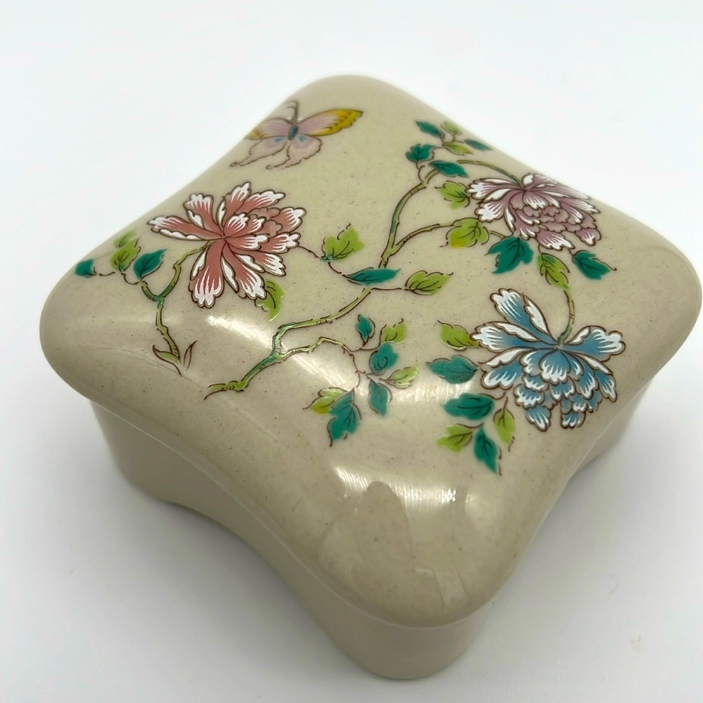 Vintage Takahashi Porcelain Jewelry or Trinket Box- Flower & Butterfly